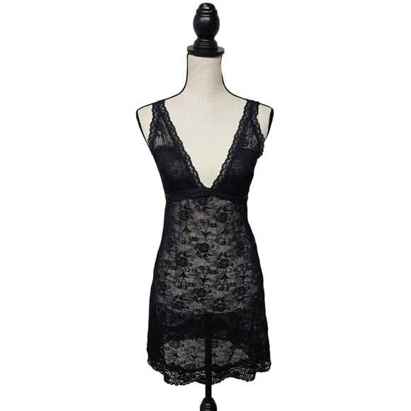 Vintage 90s Sexy Lingerie Nightgown Size Large Black Sheer Lace Slip Top Dress - Picture 1 of 6